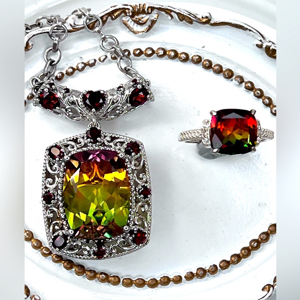 🔥🔥 Beautiful Heavy S925 Sterling Silver Watermelon Garnet Chain Pendant Ring Set